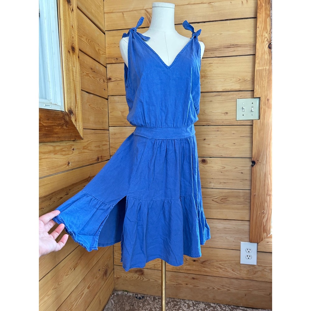 Linen Blend Sundress Women Large Royal Blue Shoulder Tie Tiered Ruffle Justina‎